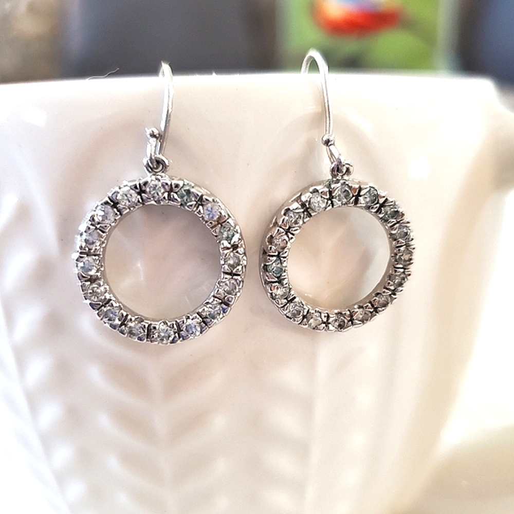 Silver Plated Open Circle Clear Crystal Rhinestone Drop Earrings